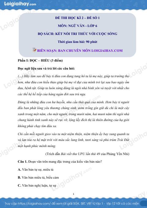 Đề thi học kì 2 Văn 6 Kết nối tri thức - Đề số 1